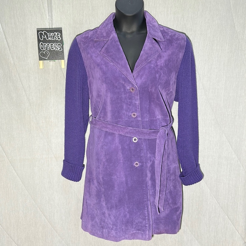 Terry Lewis Purple Vintage Swacket Sweater Sleeve Leather Jacket VTG 90s EUC